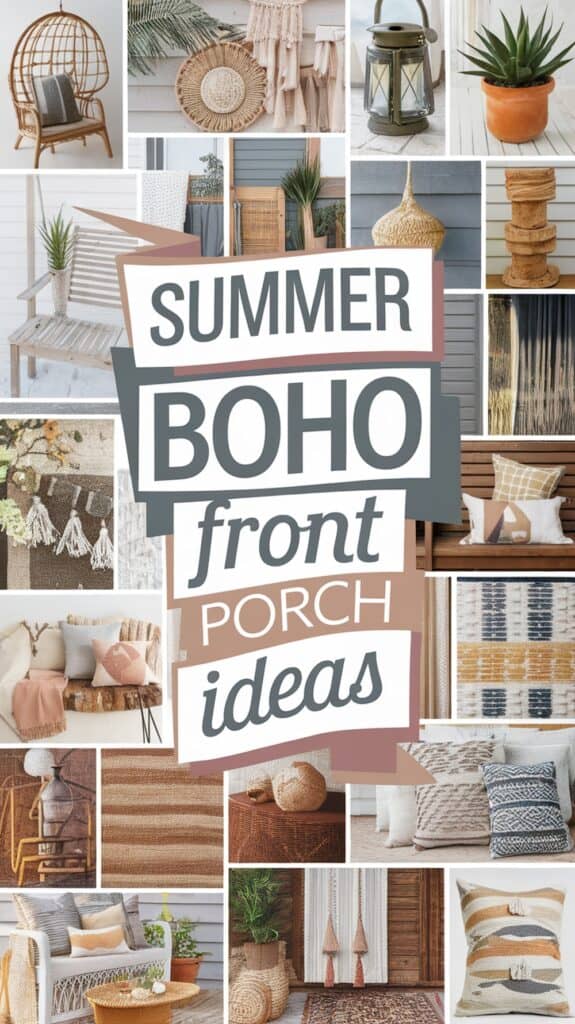 Collage of boho-style summer porch decor ideas, featuring pillows, rugs, plants, and seating.
