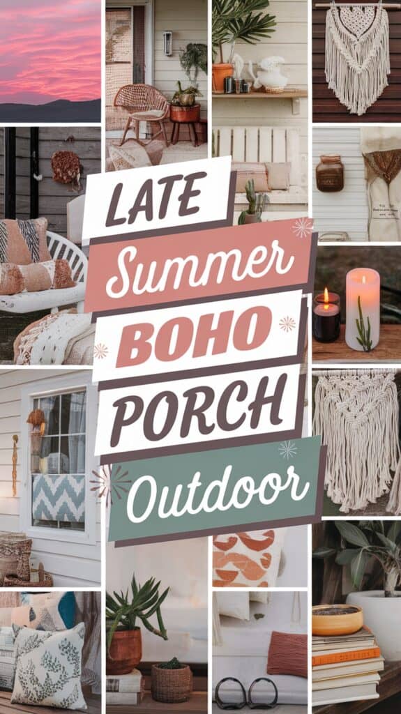 Collage of boho-themed porch decor with macramé, woven furniture, plants, and cozy textiles, centered text reads "Late Summer Boho Porch Outdoor."