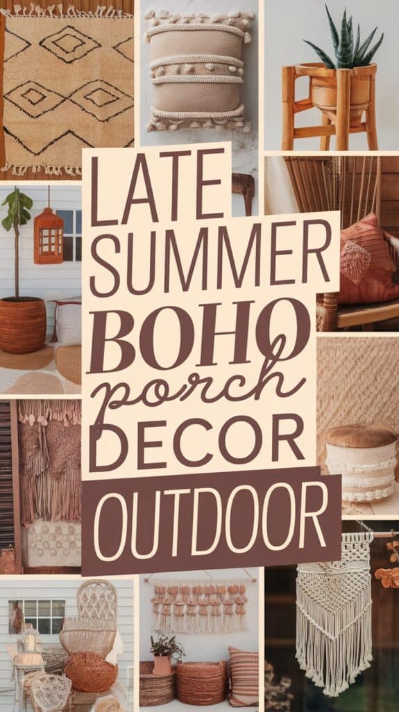 Collage of bohemian porch decor items like woven baskets, rugs, pillows, and plants with the text "Late Summer Boho Porch Decor Outdoor."