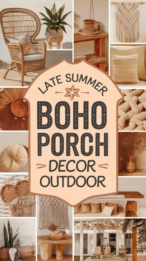 Collage of boho-style outdoor decor, featuring wicker furniture, macramé, and earthy tones, with text reading "Late Summer Boho Porch Decor Outdoor."