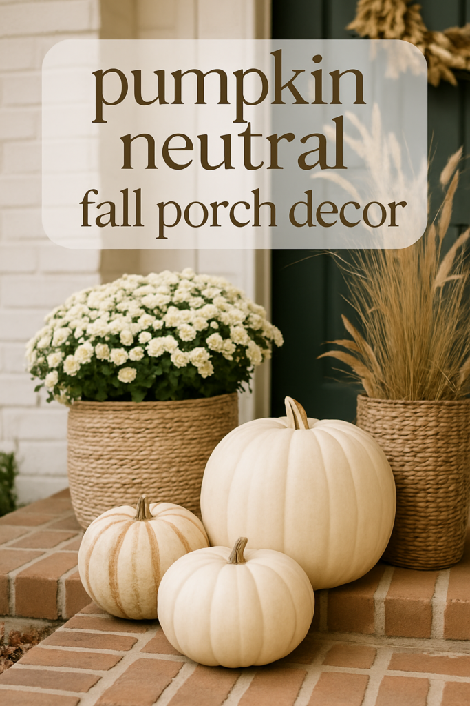 Three white pumpkins on a brick porch with potted flowers and grasses, featuring the text "pumpkin neutral fall porch decor."