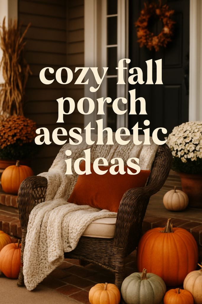 A wicker chair with a blanket and pillow surrounded by pumpkins and mums on a porch, with text that reads "cozy fall porch aesthetic ideas".