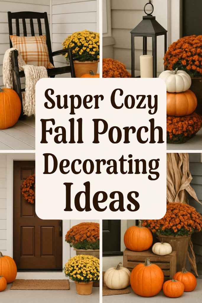 Collage of fall porch decor ideas with pumpkins, mums, lanterns, and a cozy chair.