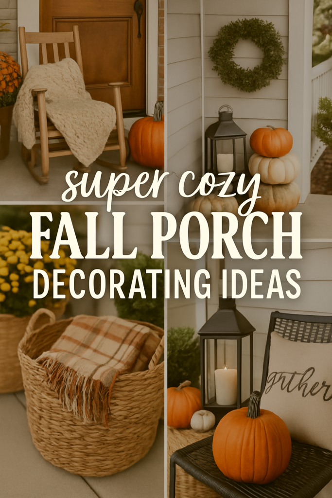 Collage of fall porch decor featuring pumpkins, a blanket on a rocking chair, a basket with a plaid blanket, and a lantern.