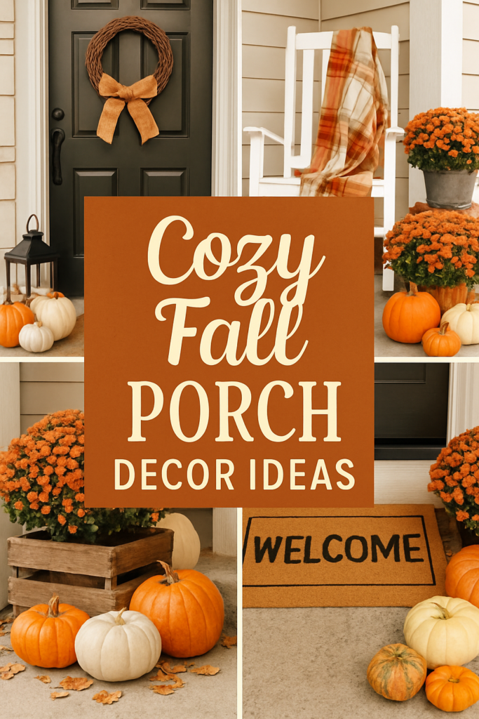 A fall-themed porch with pumpkins, a rustic wreath, an orange plaid blanket on a chair, and a "Welcome" doormat.