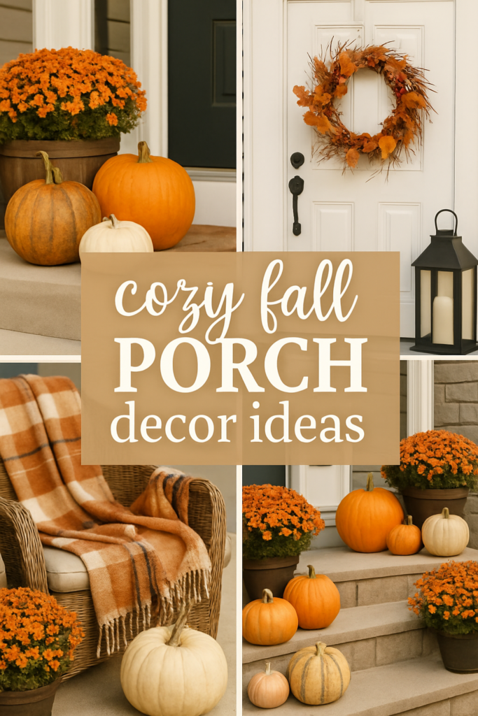 Fall-themed porch decor with pumpkins, chrysanthemums, a plaid blanket on a chair, and a door wreath.