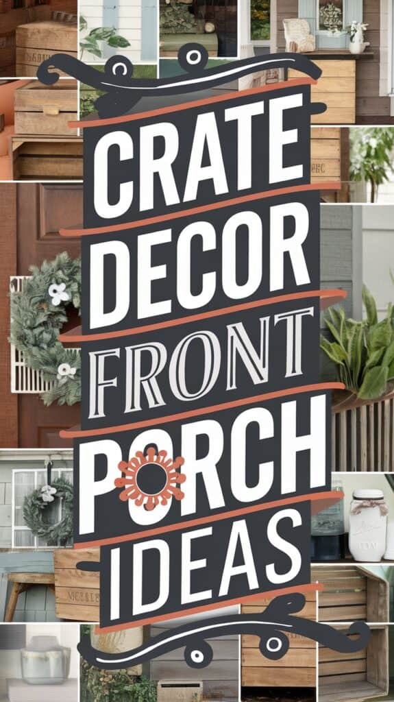 Collage of front porch decor ideas featuring wooden crates, plants, and various decorative items.