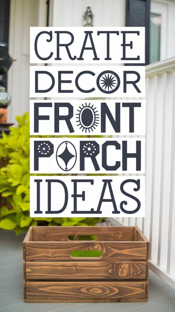 Text reads "CRATE DECOR FRONT PORCH IDEAS" above a wooden crate on a porch.