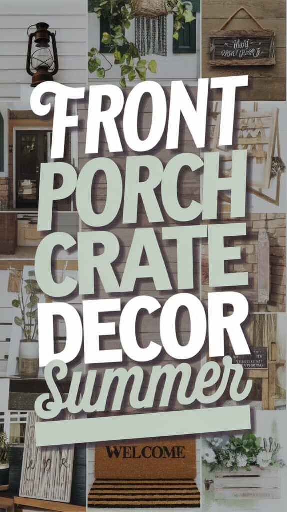 Collage of front porch decorations with lanterns, plants, and a "Welcome" mat, featuring bold text: "Front Porch Crate Decor Summer."