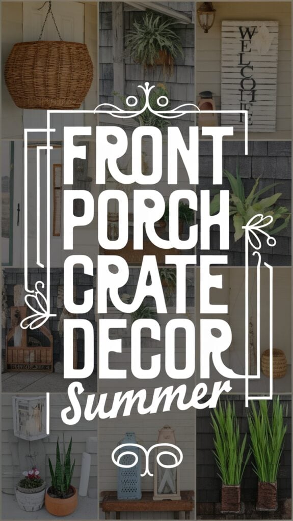 A collage of front porch decor featuring plants, baskets, and a "Welcome" sign, with the text "Front Porch Crate Decor Summer" in the center.