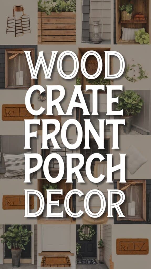 Collage showcasing various wood crate decor ideas for front porches, with plants, lanterns, and doormats.