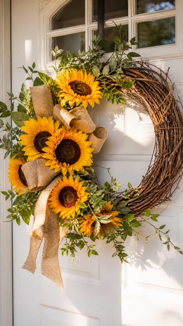 A decorative wreath with sunflowers, burlap ribbons, and green leaves on a white door.