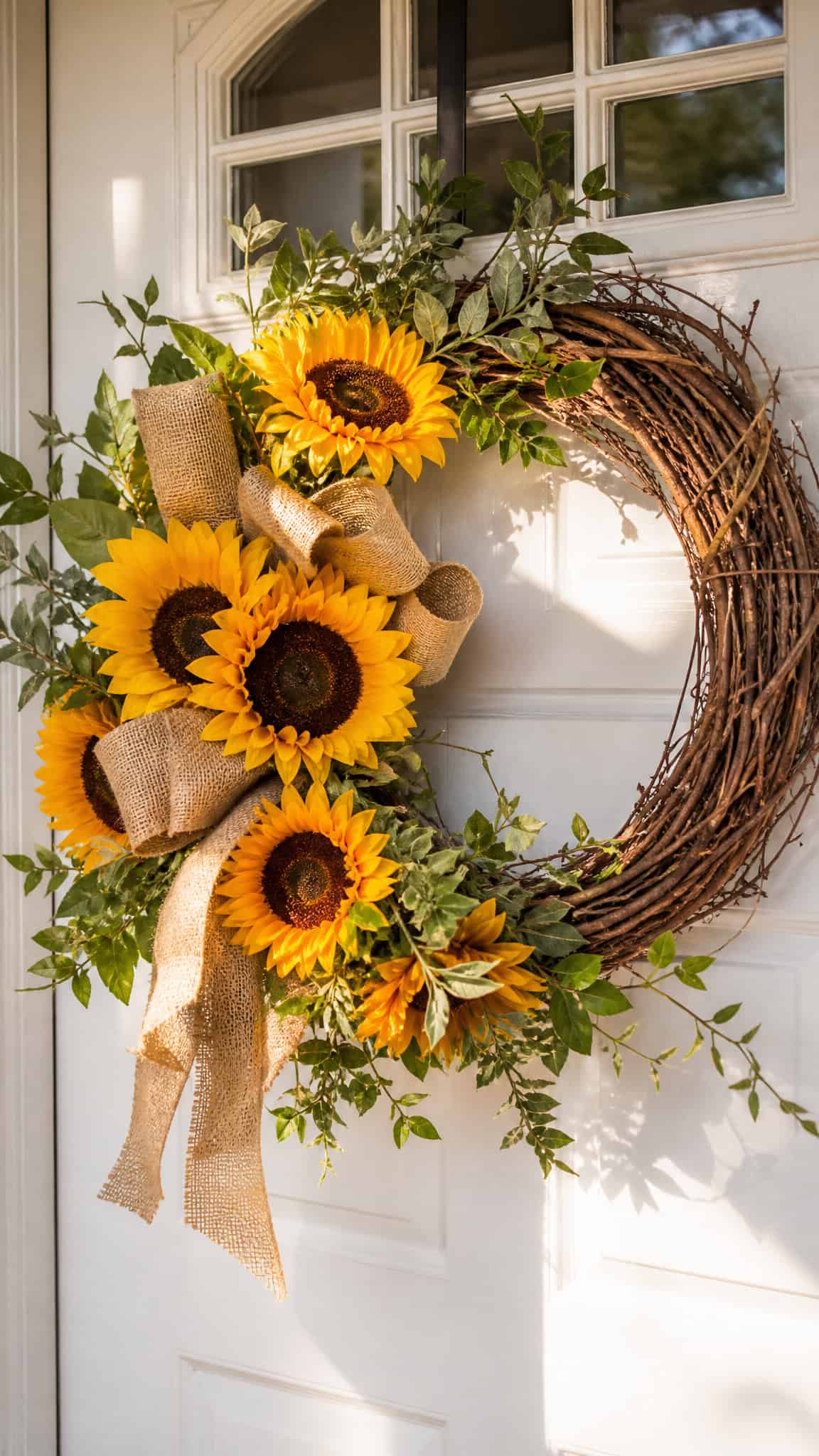 A decorative wreath with sunflowers, burlap ribbons, and green leaves on a white door.