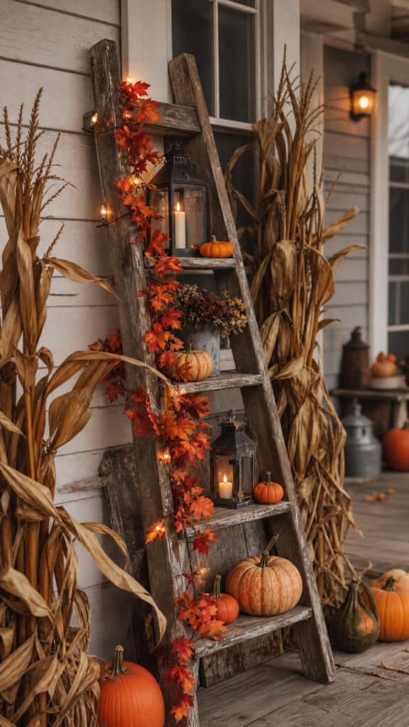 Corn Stalk and Vintage Ladder Display