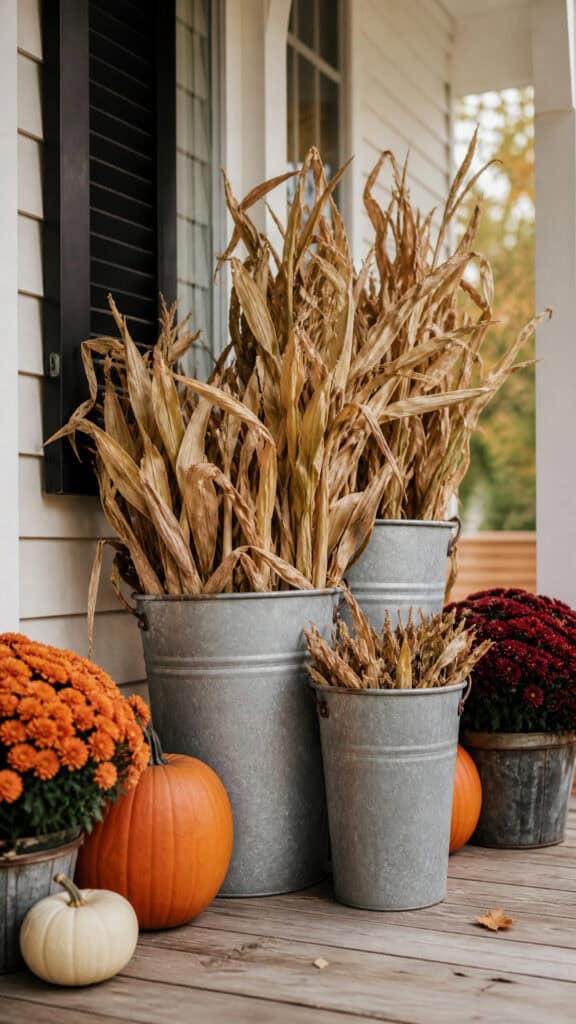 Galvanized Bucket and Corn Stalk Cluster