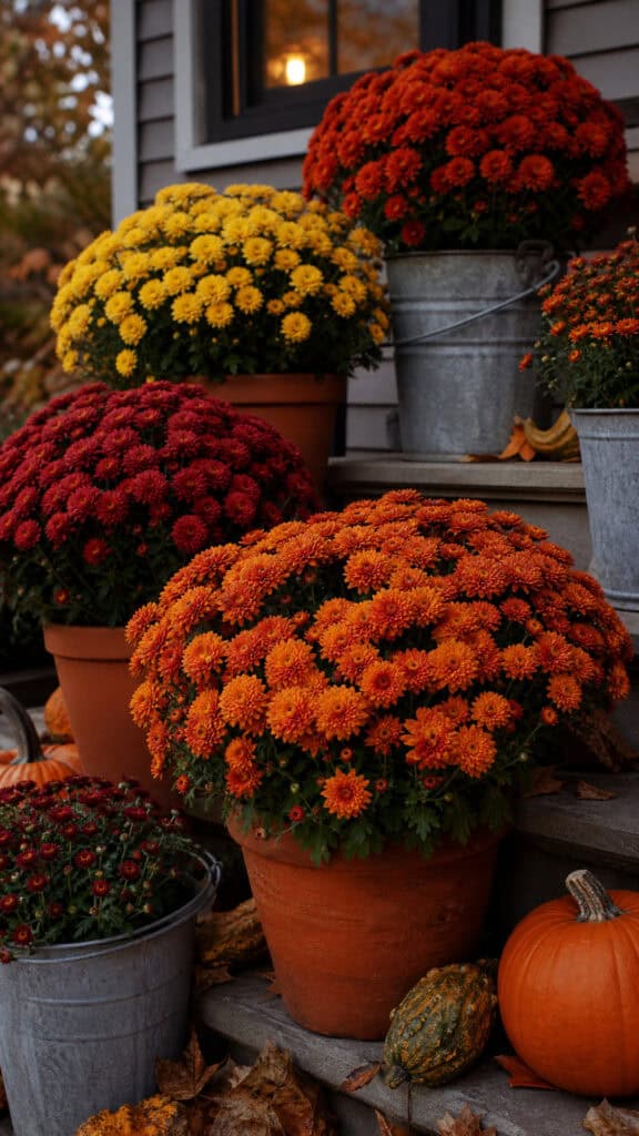 Colorful Mums In Pretty Planters