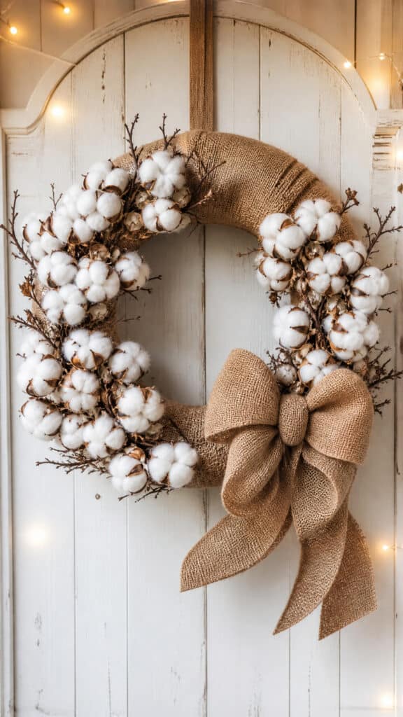 Rustic Burlap and Cotton Fall Wreath