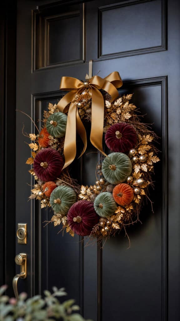 Velvet Pumpkin and Gold Accent Wreath