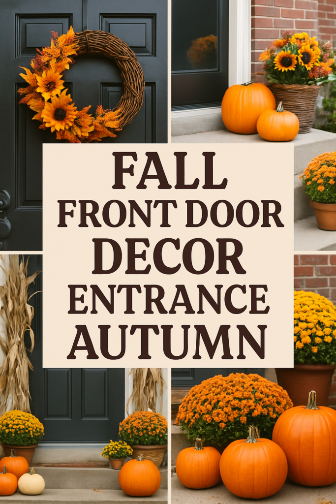 Fall-themed front door decorations with pumpkins, mums, and a wreath with sunflowers.