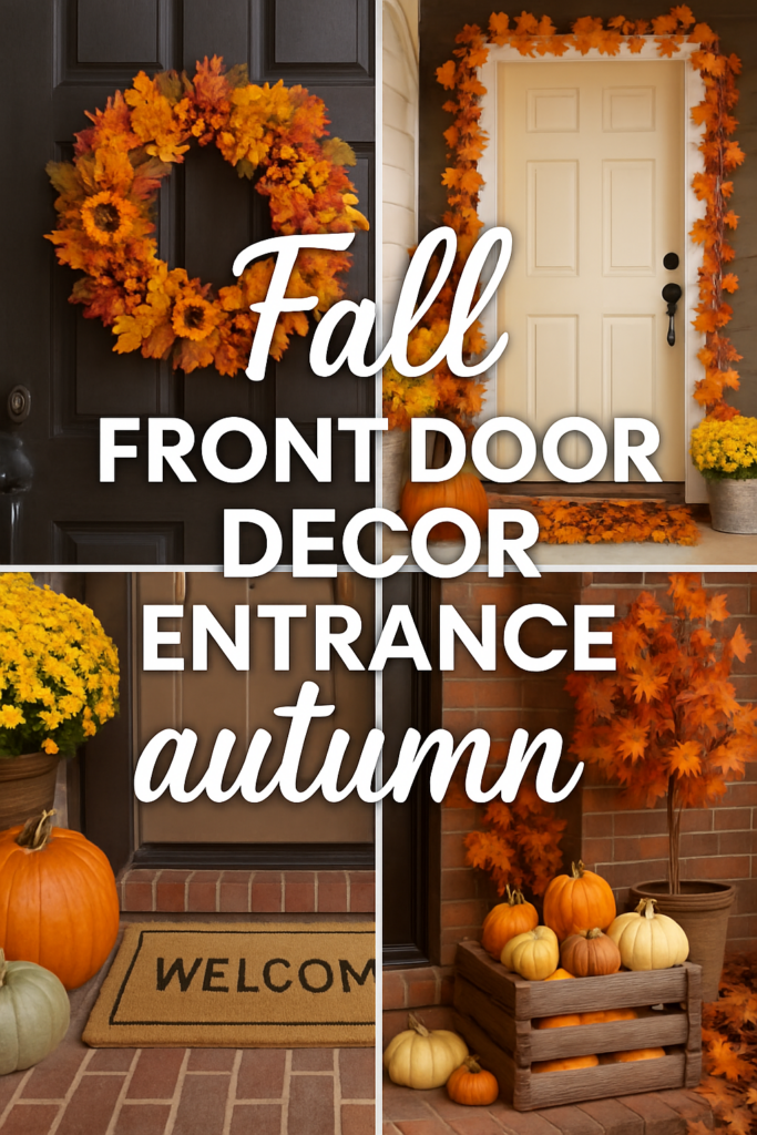 Autumn-themed front door with a sunflower wreath, fall foliage, and pumpkins, styled with text: Fall Front Door Decor Entrance.