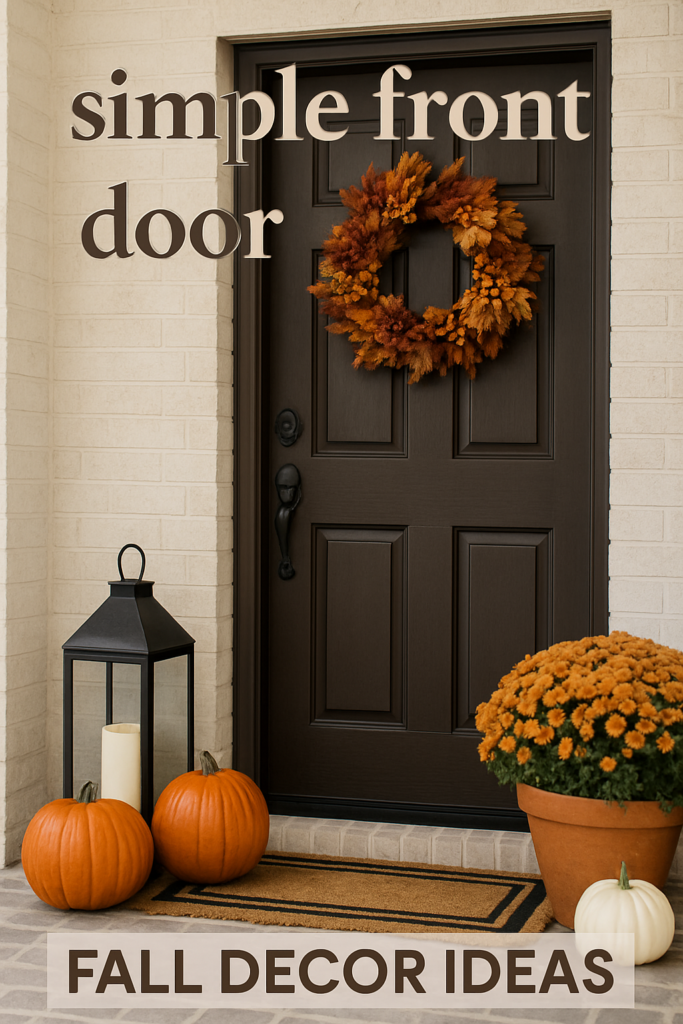 Front door decorated with a fall wreath, pumpkins, and a lantern, with the text "simple front door" and "FALL DECOR IDEAS."