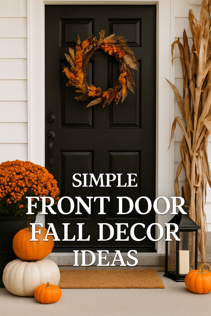 A black front door with an autumn wreath, surrounded by pumpkins and cornstalks, with the text "Simple Front Door Fall Decor Ideas."