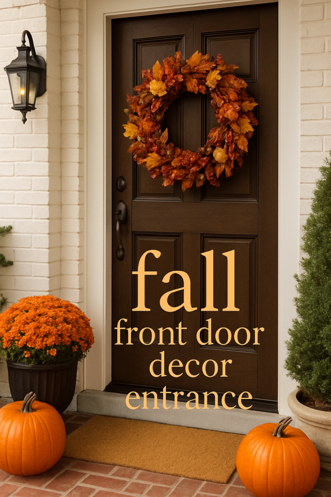 A brown door with an orange leaf wreath, surrounded by pumpkins and orange flowers, with the text "fall front door decor entrance."