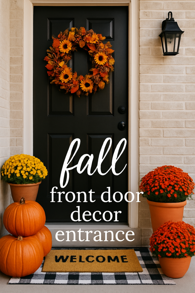 Black door with an autumn wreath, surrounded by pumpkins and potted chrysanthemums, with a "Welcome" doormat.