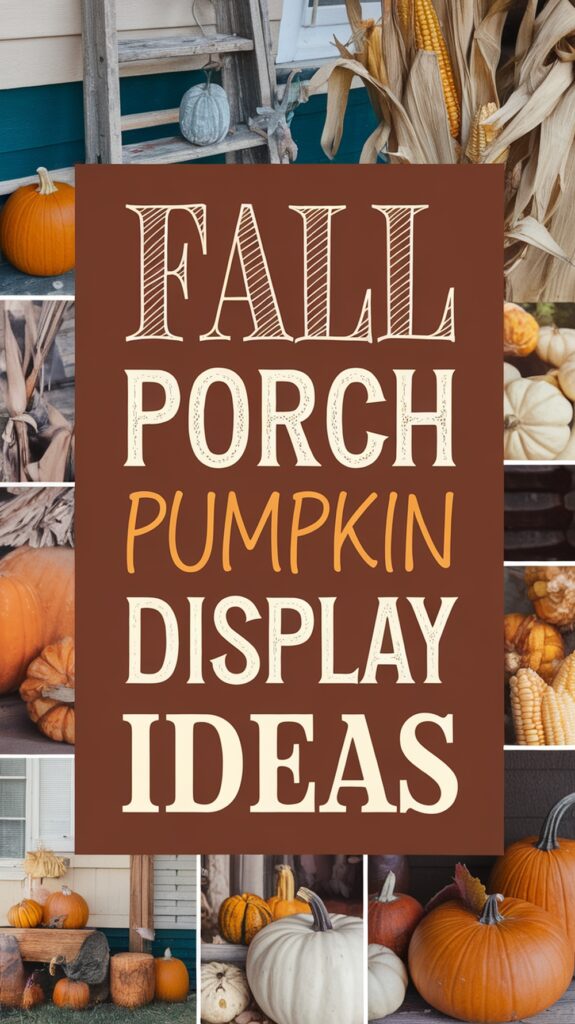 Collage of pumpkins and corn surrounding the text "Fall Porch Pumpkin Display Ideas" in large, decorative letters.