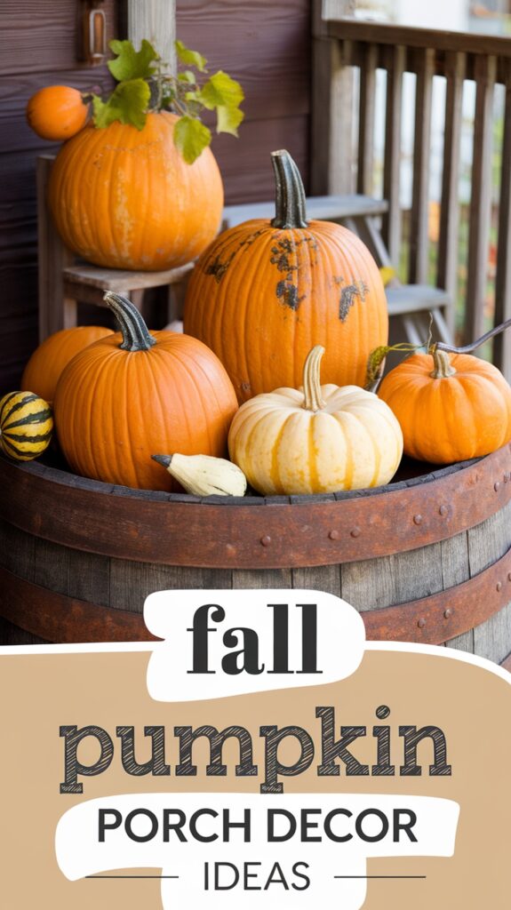 Pumpkins arranged on a wooden barrel with a "Fall Pumpkin Porch Decor Ideas" text overlay.