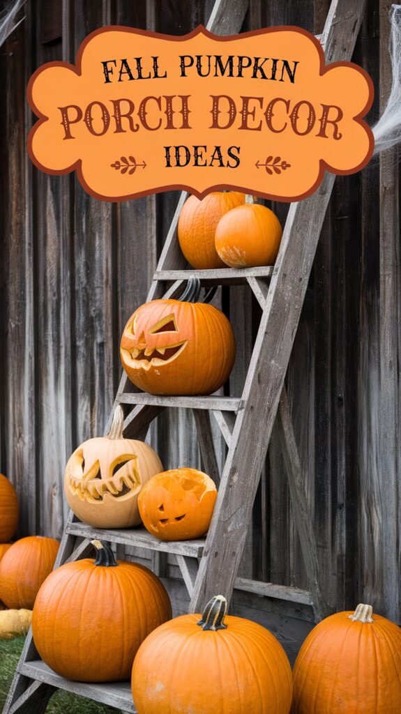 A wooden ladder displays carved pumpkins for fall porch decoration ideas.