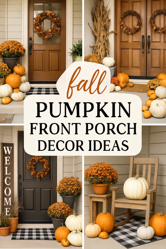 Collage of fall-themed pumpkin porch decor ideas, with pumpkins, wreaths, and potted flowers near doors.