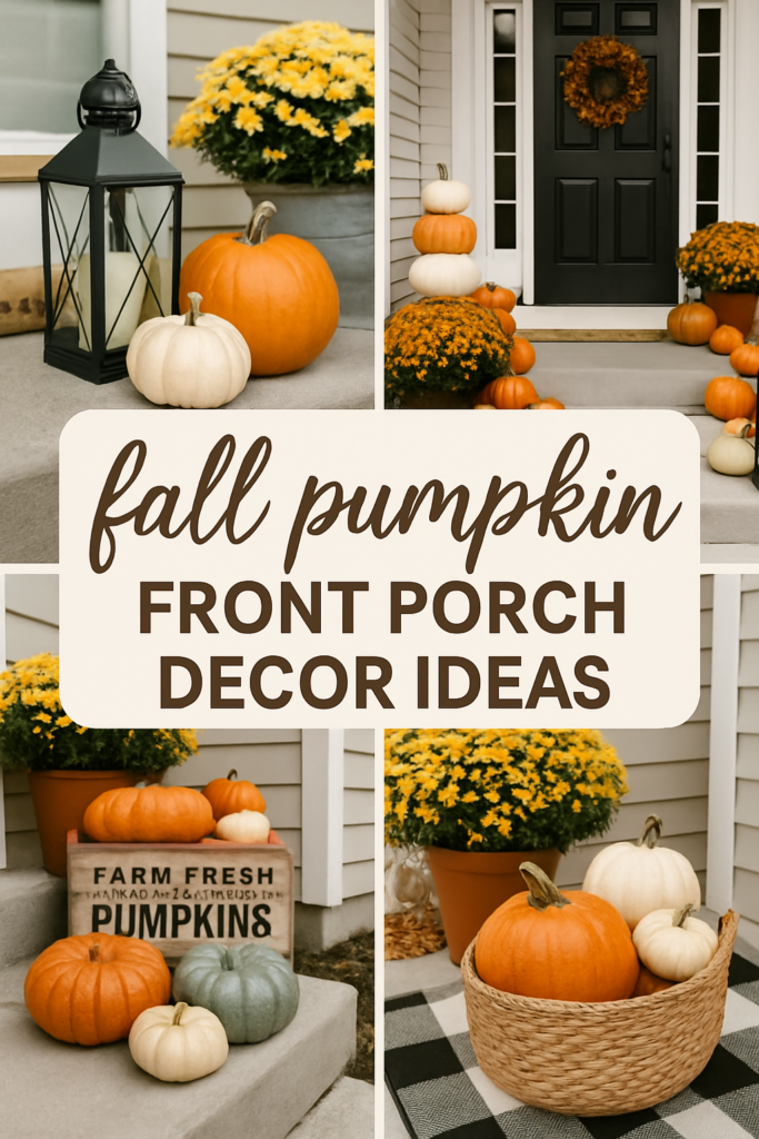 Various pumpkins and autumn decorations on a porch, with text reading, "Fall Pumpkin Front Porch Decor Ideas."
