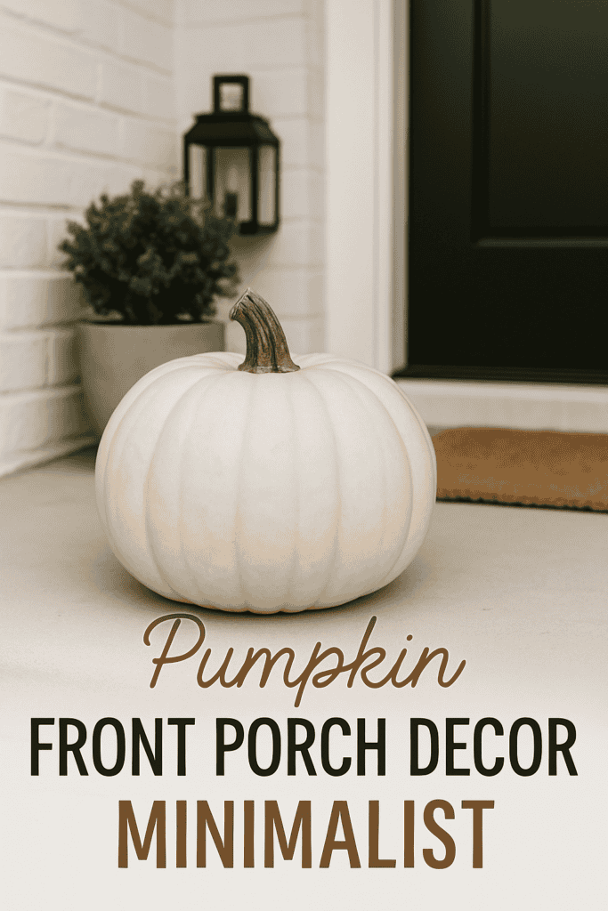 White pumpkin on a porch with a potted plant and text reading "Pumpkin Front Porch Decor Minimalist."