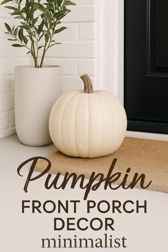 A white pumpkin on a porch next to a potted plant, with text reading "Pumpkin Front Porch Decor Minimalist."