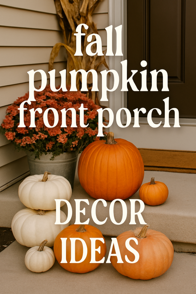 Pumpkins and autumn flowers on a porch, with text: "fall pumpkin front porch decor ideas."