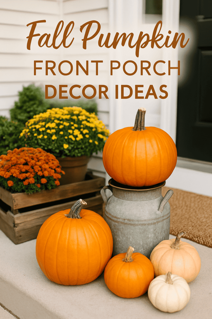 Four pumpkins arranged on a porch with colorful mums, and text about front porch decor ideas.