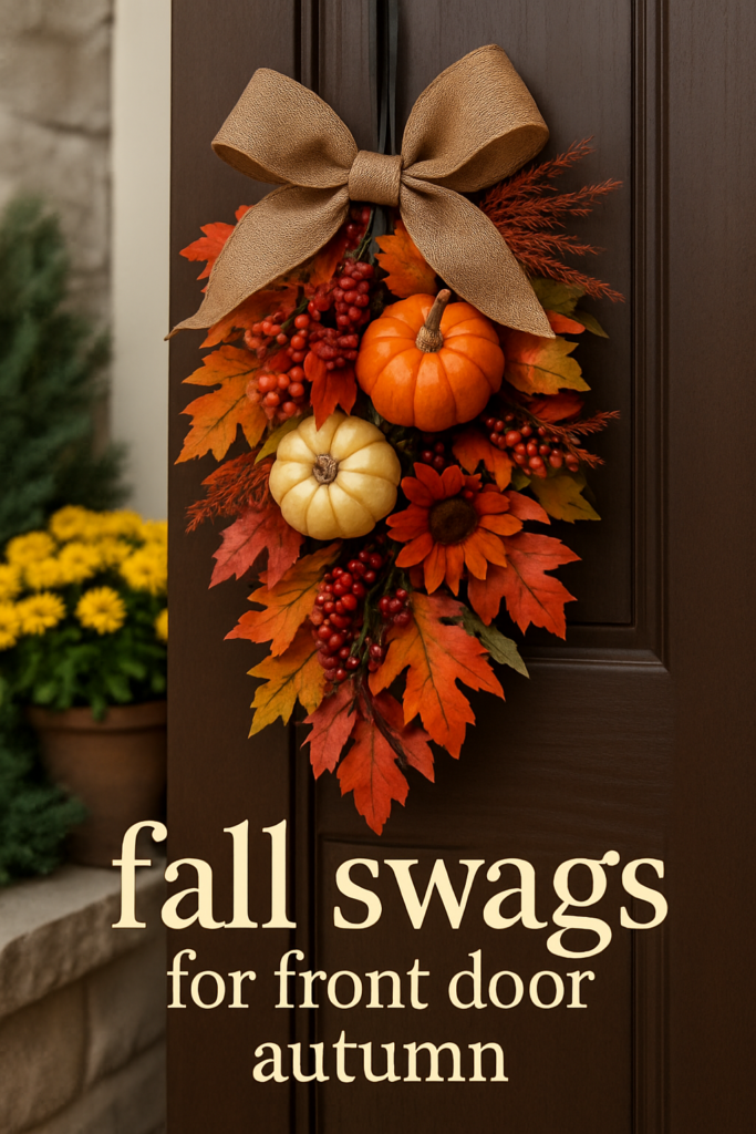 A fall-themed door swag with orange and white pumpkins, autumn leaves, berries, and a brown bow.
