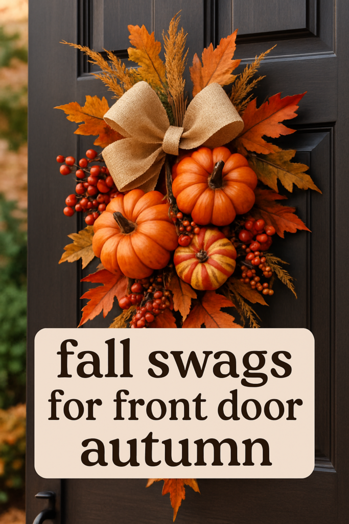 A festive autumn door swag with pumpkins, orange leaves, berries, and a burlap bow, featuring the text "fall swags for front door autumn."