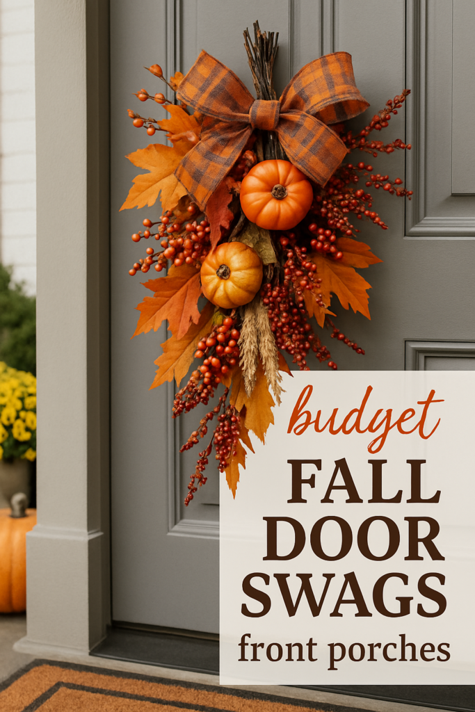 Autumn-themed door decoration with pumpkins, leaves, and berries; text reads "Budget Fall Door Swags Front Porches."