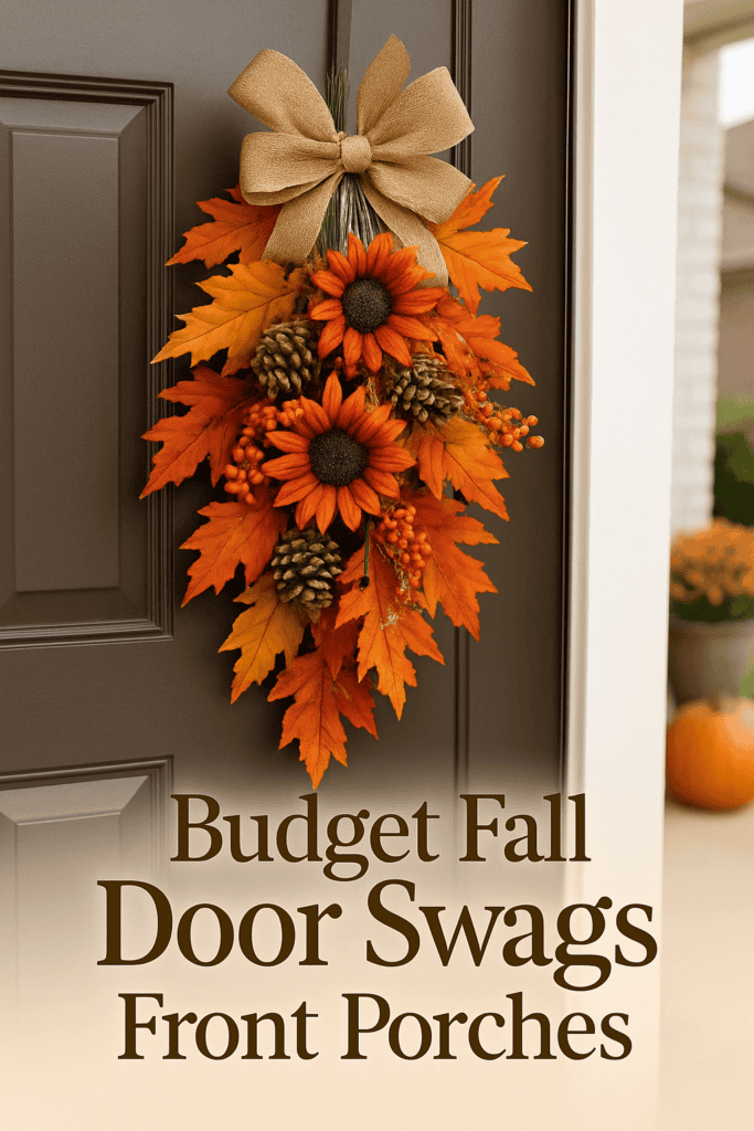 A fall-themed door decoration with orange leaves, sunflowers, and pinecones, accompanied by the text "Budget Fall Door Swags Front Porches."