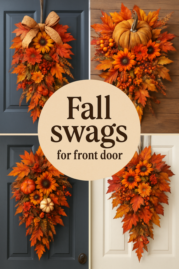 Four fall swag wreaths with autumn leaves, pumpkins, and flowers, labeled "Fall swags for front door."