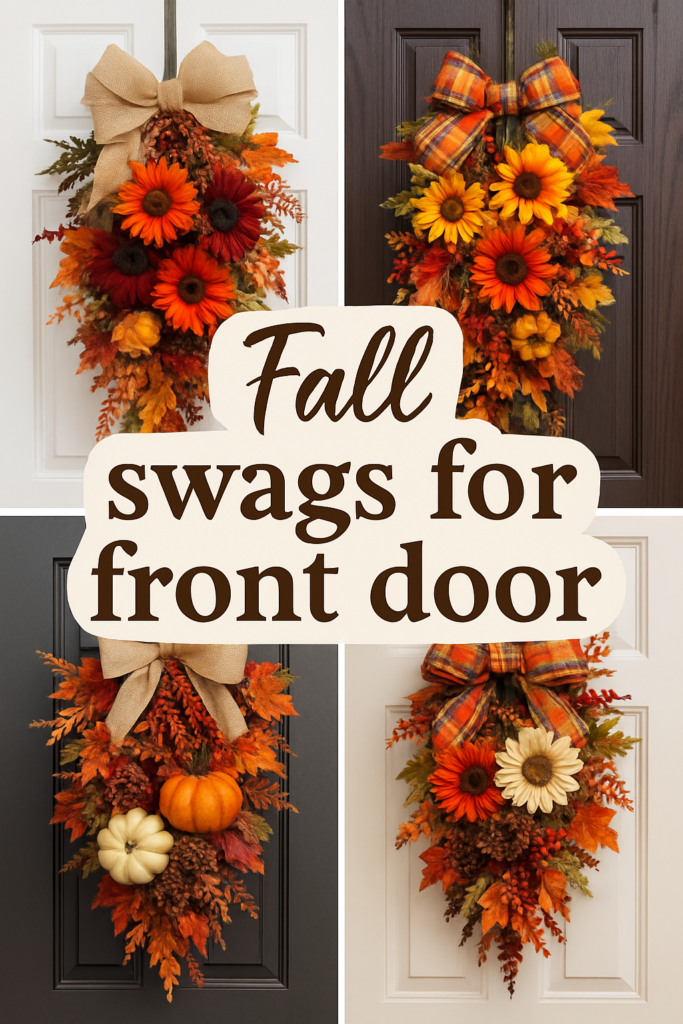 Autumn-themed door swags featuring vibrant flowers, leaves, and plaid ribbons with text "Fall swags for front door."