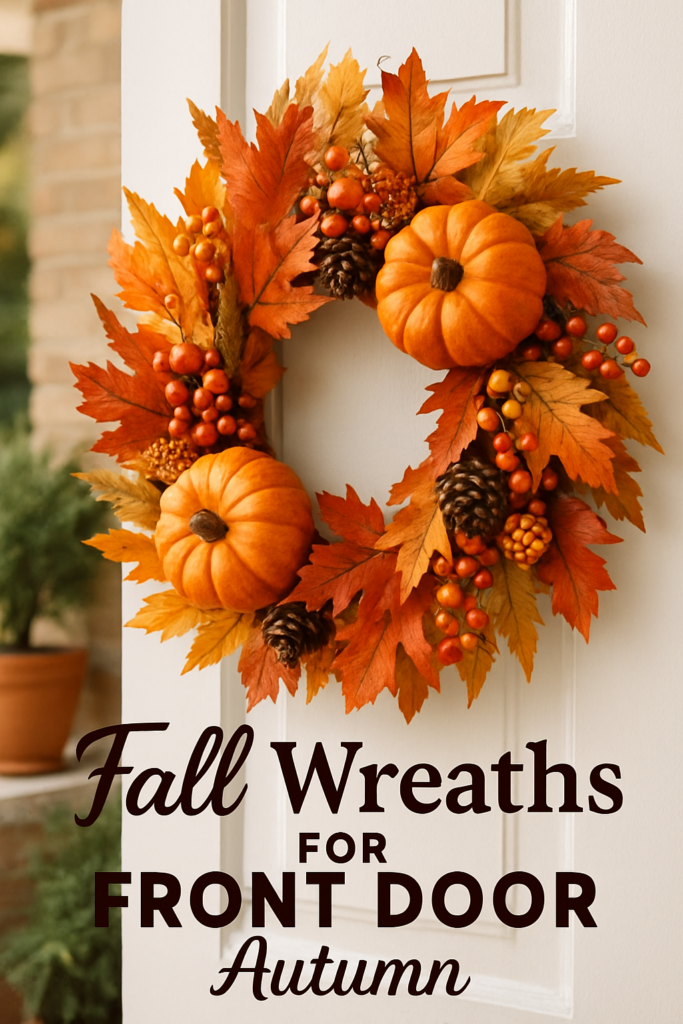 Autumn wreath with pumpkins, leaves, berries, and pinecones on a door; text reads "Fall Wreaths for Front Door Autumn."
