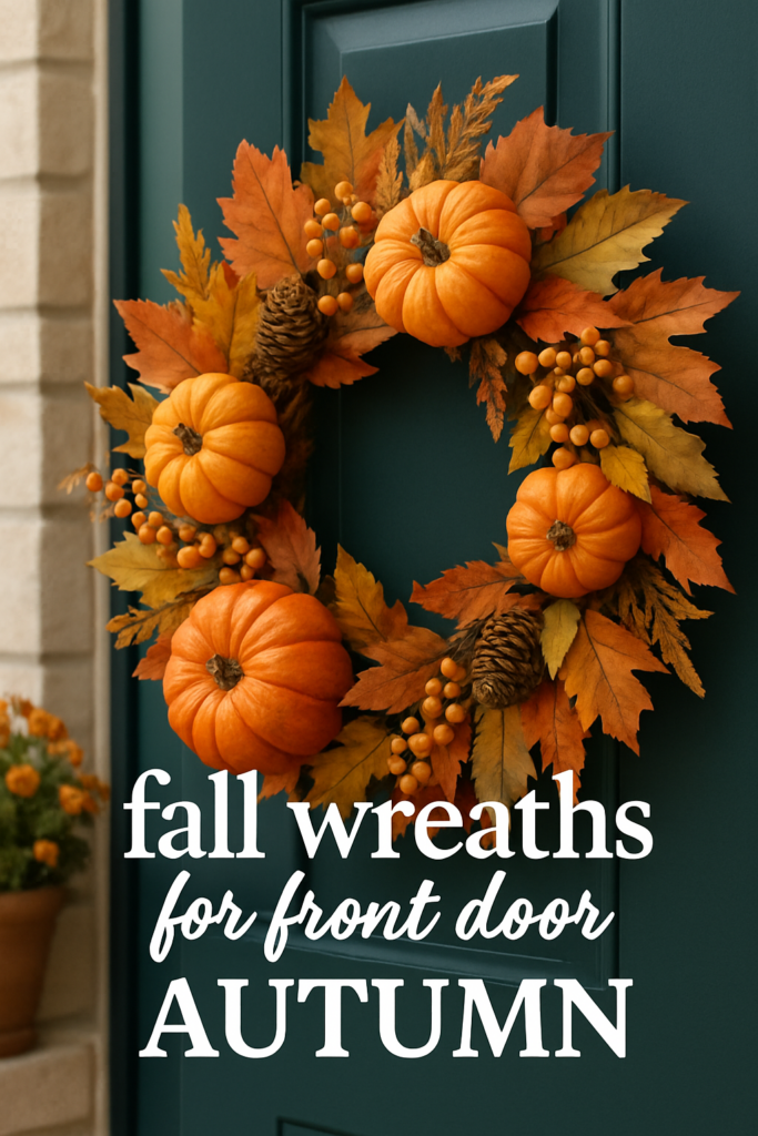 A fall wreath with pumpkins, pine cones, and orange leaves on a door, with text reading "fall wreaths for front door AUTUMN."