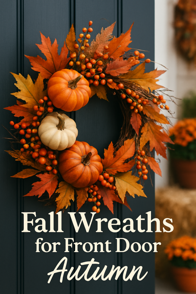 A fall wreath with pumpkins, orange leaves, and berries on a door, with text: "Fall Wreaths for Front Door Autumn."
