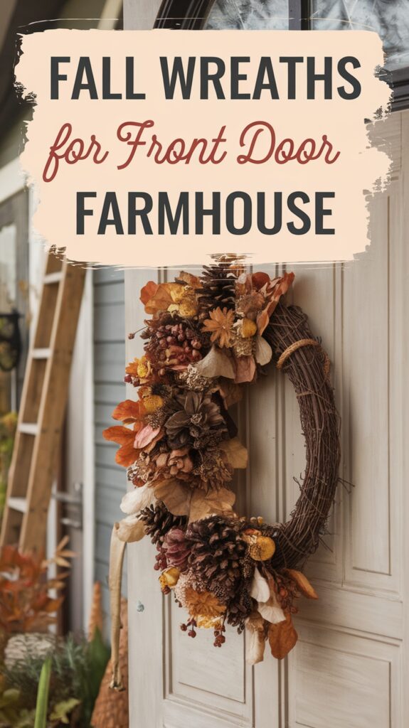 Fall-themed wreath with pinecones and leaves hangs on a front door, with text promoting fall wreaths for farmhouse decor.