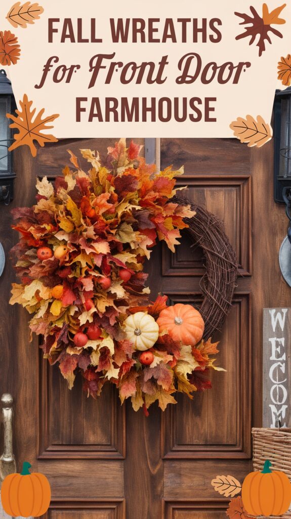 A fall wreath with leaves and pumpkins hangs on a wooden door, with a sign saying "WELCOME" nearby.