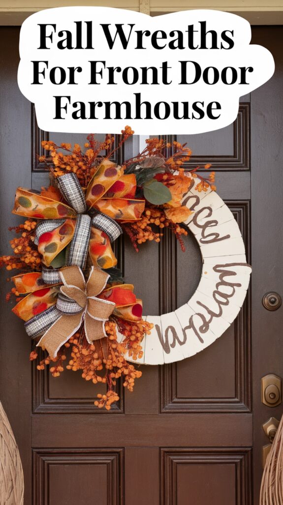 A fall wreath with colorful leaves and ribbon decorates a brown front door, text above reads "Fall Wreaths For Front Door Farmhouse."