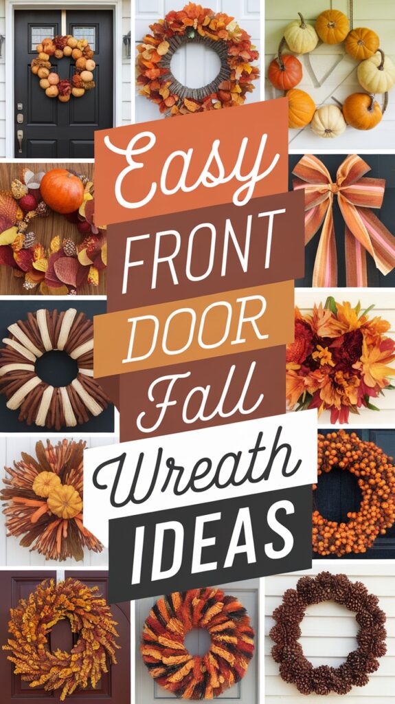 A collage of various fall wreaths with autumn leaves, pumpkins, and a bow, featuring the text "Easy Front Door Fall Wreath Ideas."